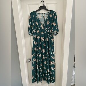 Zan Style Emerald Flower Summer Dress with Slit Extra Large